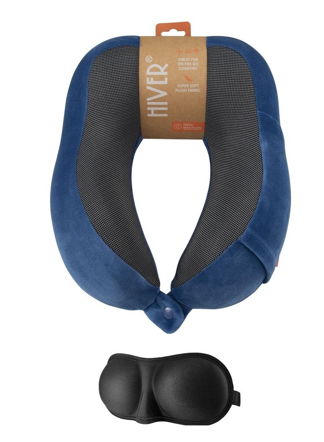 HIVER Premium Neck Pillow for Travelling Airplane | Travel Pillow Memory Foam with Neck Support Rest Pillow, Eye Mask (Blue) - Image 1
